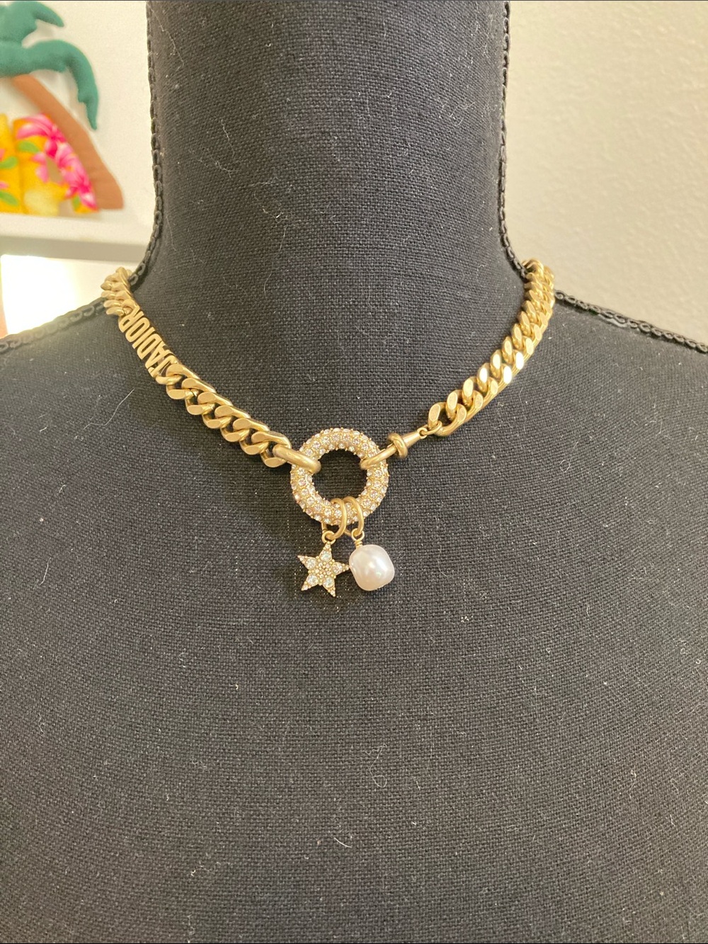 Dior Gold Chain Choker Necklace with Crystal Circle, Star Charm and Pearl